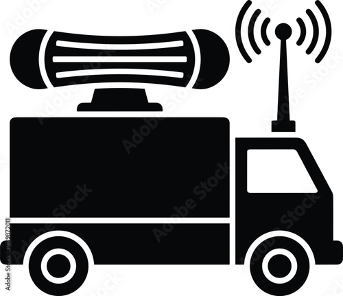 Communication signal truck icon, wireless broadcasting vehicle silhouette with antenna and transmitter, ideal for technology, emergency networks, digital communication, and broadcast