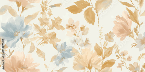 Ethereal watercolor meadow flower seamless pattern in warm neutral tones for gentle fabrics, wedding stationery, and elegant packaging.