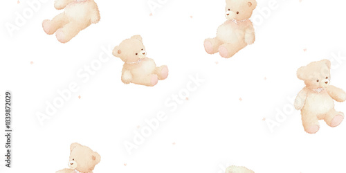 Adorable fluffy teddy bear toy seamless pattern for nursery fabrics, children's packaging, and baby stationery