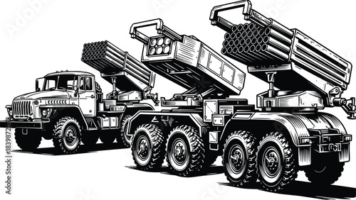 Heavy military rocket launcher trucks illustration, detailed black-and-white artillery vehicle artwork for defense, warfare, combat equipment, tactical operations, and weapon system concepts