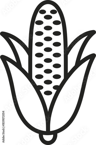 Stylized outline drawing of a corn cob with husks and kernels maize grain