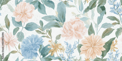 Luminous watercolor poppy and foliage seamless pattern in soft pastel colors for luxurious fabrics, stationery, and spring decor.