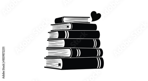 A striking stack of books with a heart shape above presented as a black silhouette