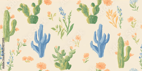 Painted desert cactus and wildflowers seamless pattern in blue and peach for trendy western fabrics, stationery, and bohemian home decor.