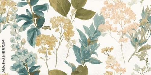Rich watercolor botanical foliage and flower seamless pattern in dusty blue, green, and mustard for luxury fabrics, wallpapers, and elegant packaging