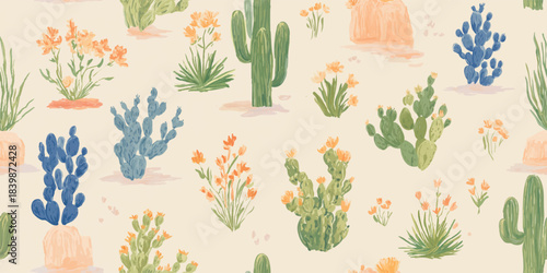 Painted desert cactus and wildflowers seamless pattern in blue and peach for trendy western fabrics, stationery, and bohemian home decor.