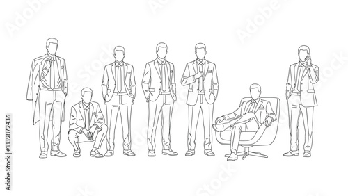 Illustration of line art sketch of a group of businessmen in various poses, including standing, crouching, and sitting in a chair