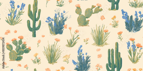 Painted desert cactus and wildflowers seamless pattern in blue and peach for trendy western fabrics, stationery, and bohemian home decor.
