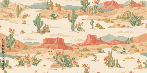 Vibrant illustrated desert landscape seamless pattern featuring red rock mesas, blooming cactus, and sagebrush for fabrics and stylish wallpapers