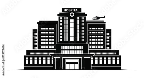 Detailed hospital building illustration with a helicopter landing pad and striking black silhouette