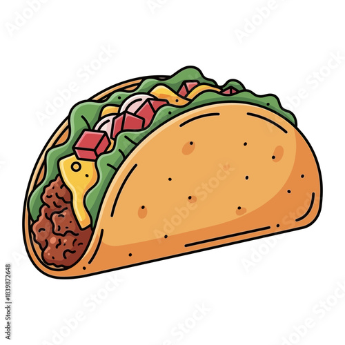 Delicious cartoon taco with fresh ingredients silhouette isolated on white background
