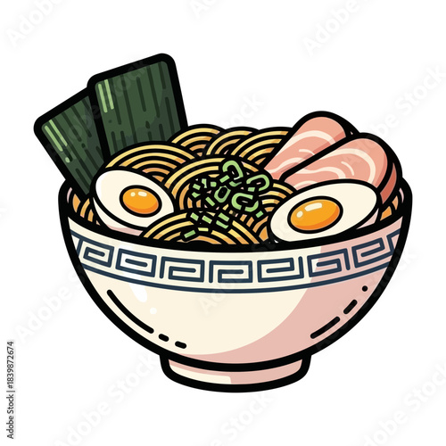 Delicious japanese ramen noodle soup with egg and meat isolated on white background silhouette