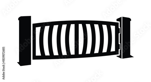 A black and white illustration of a gate with vertical bars a striking silhouette