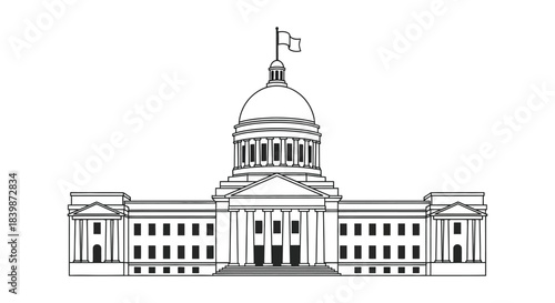 Detailed drawing of a capitol building with a dome and flag a striking silhouette