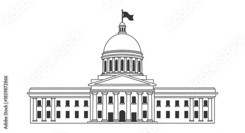 Detailed illustration of a state capitol building in black and white a stark silhouette