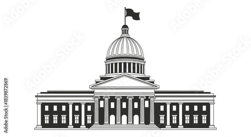 Detailed illustration of a state capitol building against a bright white background silhouette