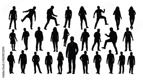 a diverse collection of human figures in various poses presented as dark shapes against a white background silhouette