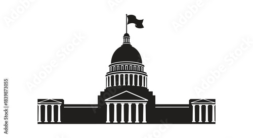 A striking black and white illustration of a capitol building with a flag silhouette