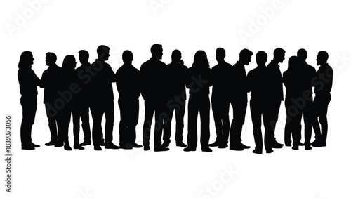 a large group of people standing closely together facing forward in a dark stark silhouette