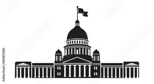 A striking black silhouette of a capitol building with a raised flag detailed architecture silhouette