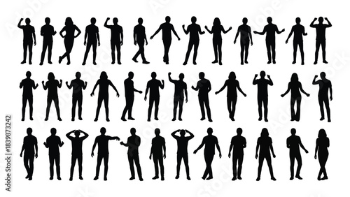 a collection of diverse human figures in various poses and activities presented as a striking silhouette