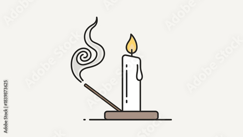 Burning incense stick and candle with smoke flat vector illustration for meditation and relaxation c