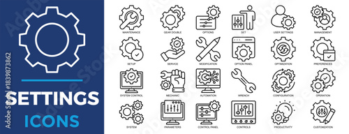 setting, gear, symbol, vector, system, technology icon set. Outline icons collection. Simple vector illustration