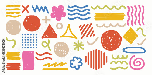 Crayon drawn kid doodle collection. Colorful childish elements. Crayon drawn kid drawings.