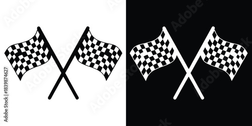 Two crossed checkered flag silhouette vector, racing flag black and white silhouette