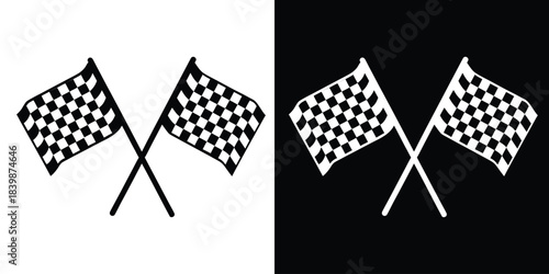 Two crossed checkered flag silhouette vector, racing flag black and white silhouette