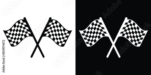 Two crossed checkered flag silhouette vector, racing flag black and white silhouette