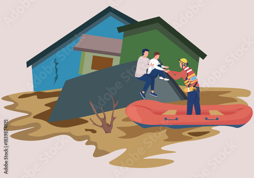 A house submerged in floodwater up to the roof. A natural disaster when the river overflows.eps