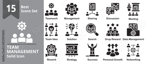 Team Management Icon set. Including team, management, leader, leadership, teamwork and more. Solid vector icons collection. Vector Illustration.