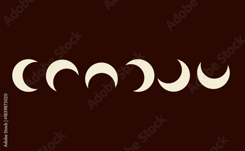 Minimalist graphic illustration showing six crescent shapes in a horizontal sequence. The light forms represent progressive lunar phases or an eclipse against a dark background.
