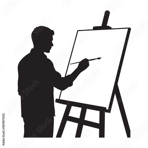 Man Painting on Easel Silhouette Black and White Vector Illustration Isolated on White Background Artist with Brushstroke