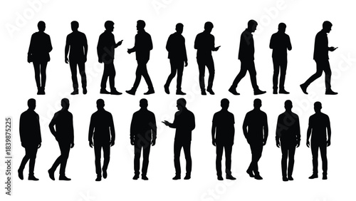 a collection of diverse male figures in various poses and stances depicted as a striking black silhouette