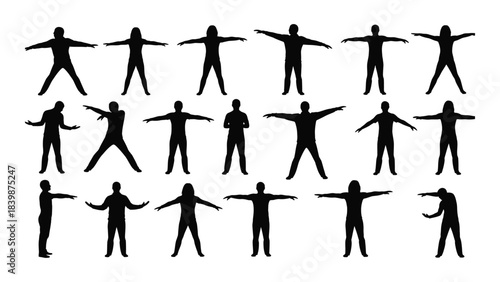 a series of black human figure silhouettes in various poses displayed against a plain white background silhouette