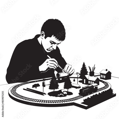Silhouette man building a model train set, black and white vector illustration depicting hobby, craftsmanship, detailed miniature world creation, and focused leisure activity