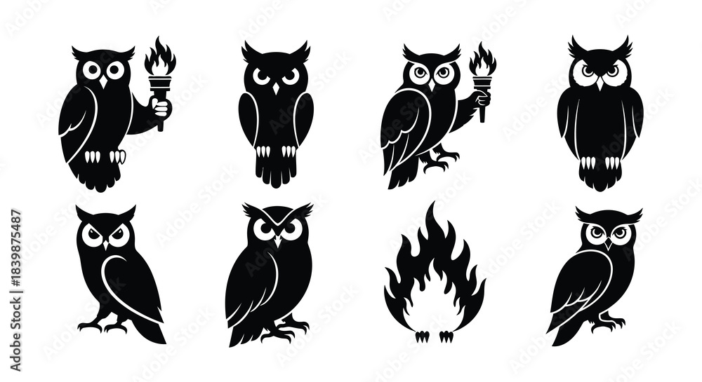 Obraz premium Black and white illustration featuring owls holding torches and a flame icon