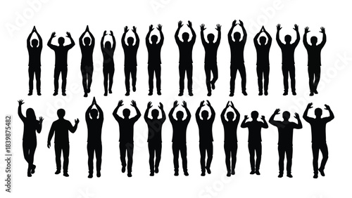 a series of black silhouettes depicting people in various active poses mostly with raised arms against a white background silhouette