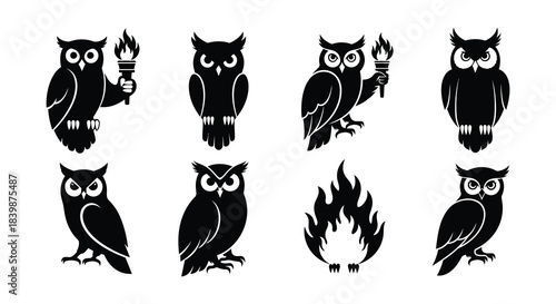 Black and white illustration featuring owls holding torches and a flame icon