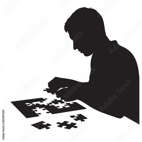 Man assembling jigsaw puzzle hobby mind game intellectual activity concentration leisure time brain exercise mental well being development learning skill silhouette black white vector illustration