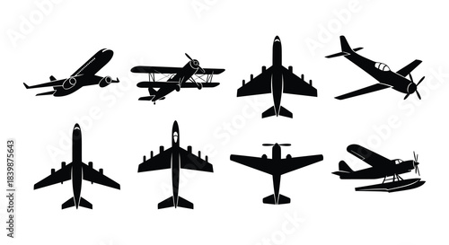 Collection of various airplane silhouettes including biplanes and modern jets