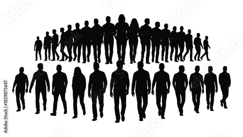 a large group of people depicted in a striking black and white image forming a crowd silhouette