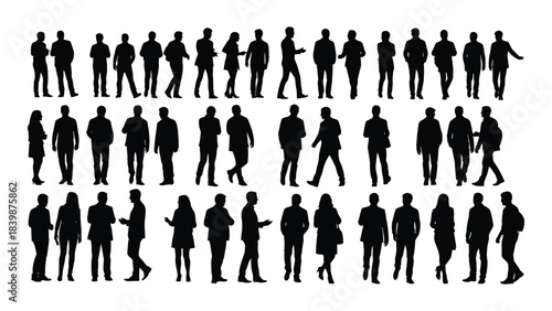 a collection of diverse human figures displayed in stark black shapes presenting a dynamic and varied silhouette