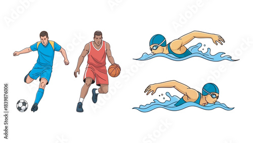 Athletes Playing Soccer, Basketball, and Swimming - Vector Illustration Set