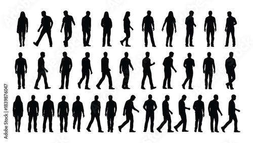 a collection of various human figures in different poses presented as a dark striking silhouette
