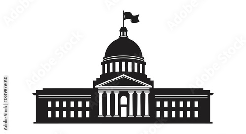 A striking black silhouette of a capitol building with a flag atop its dome silhouette