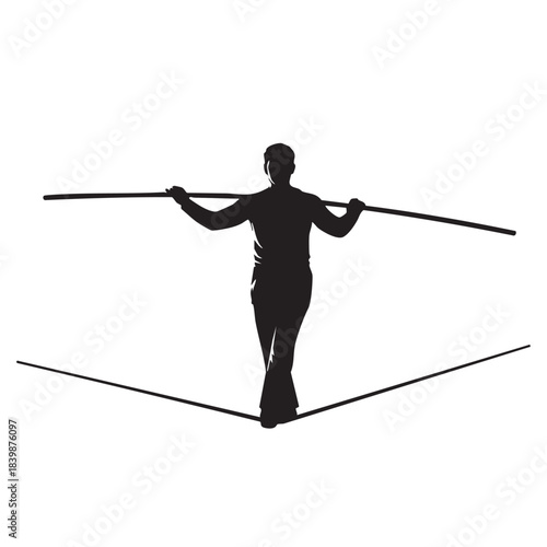 Tightrope walker balancing on rope with poles, silhouette of brave person walking high wire, circus performer illustration