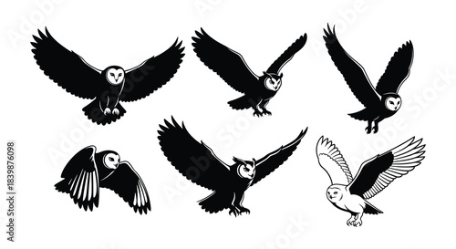 A collection of black and white owl silhouettes in various flight poses